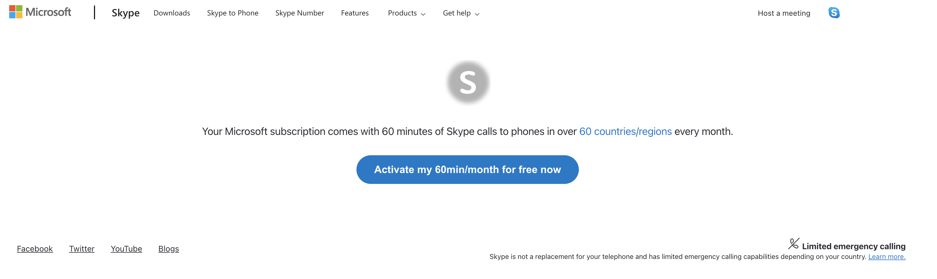 Web page to activate free 60 minutes with Skype