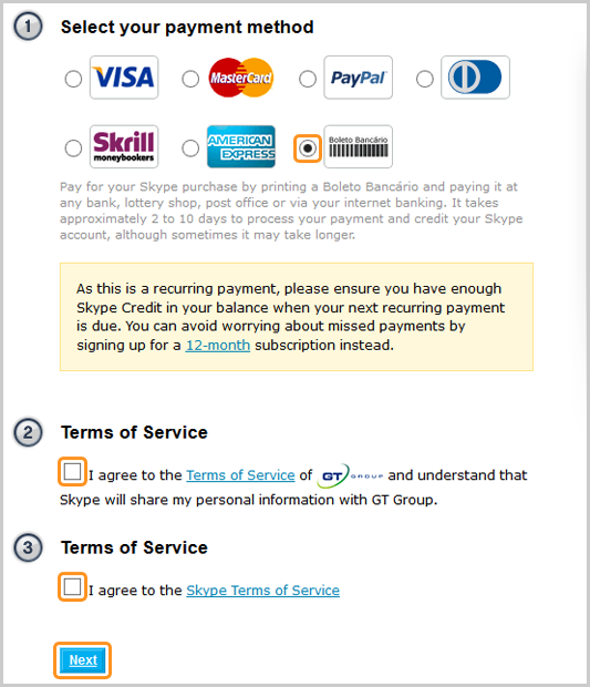 The Skype payment window. Boleto Bancário is selected as the payment method. The checkboxes next to the Terms of Service of GT Group and Skype are to be checked. The Next button is selected.
