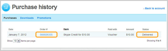 The Purchase history section of the Skype account webpage displaying the list of orders.